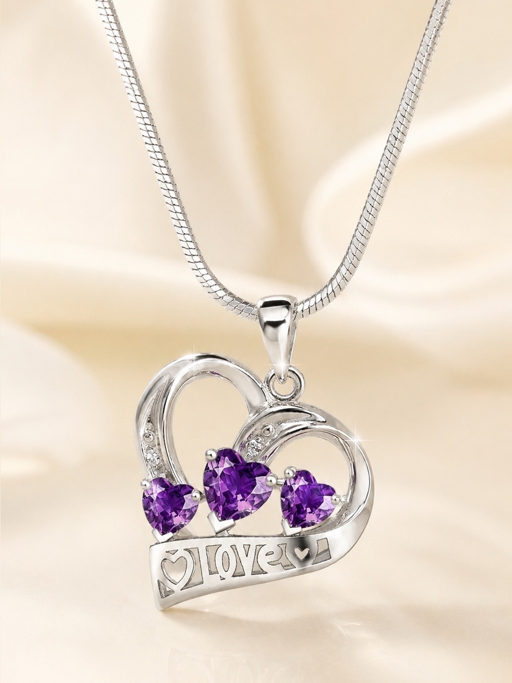 Purple Gemstone Love Heart Pendant Necklace 925 Sterling Silver 18” Snake Chain